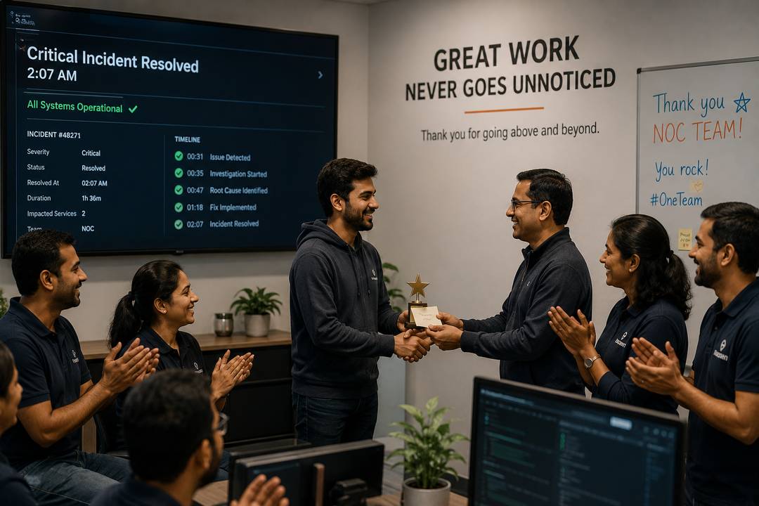 A Softenger engineer receiving a recognition award from a colleague while the team applauds, beneath a wall reading Great Work Never Goes Unnoticed.