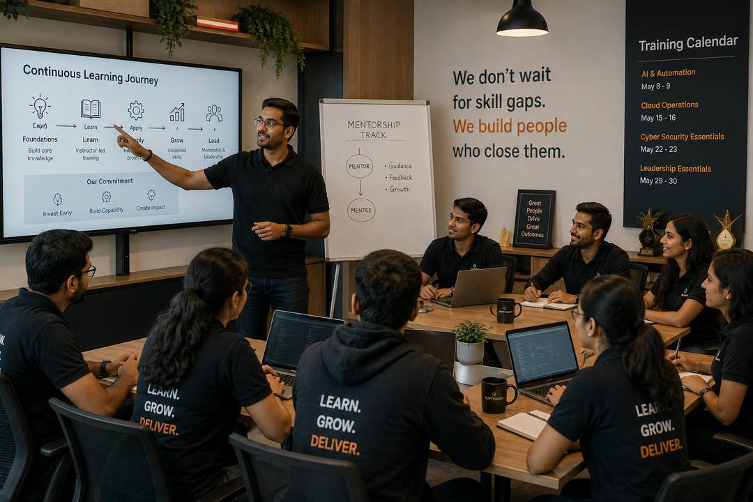 A mentorship and continuous-learning session, with a training calendar and a wall reading We don't wait for skill gaps. We build people who close them.