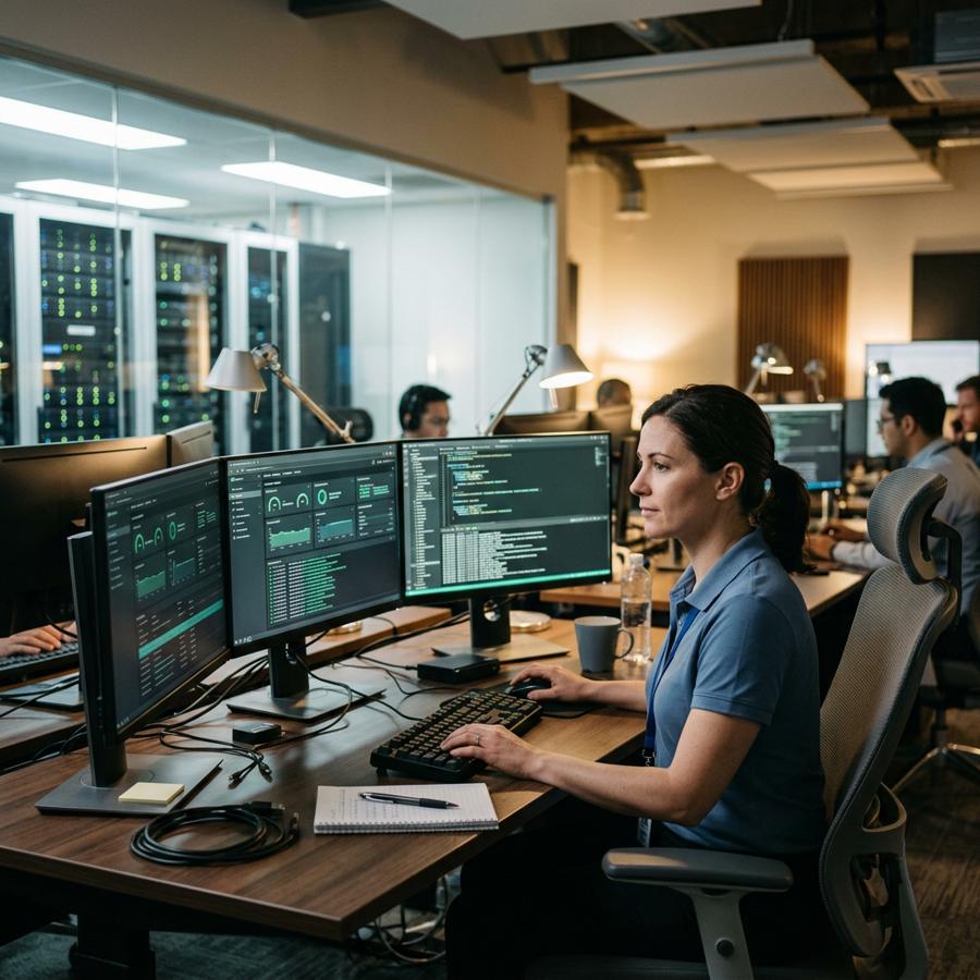 Support engineer monitoring application dashboards across several screens in an operations room