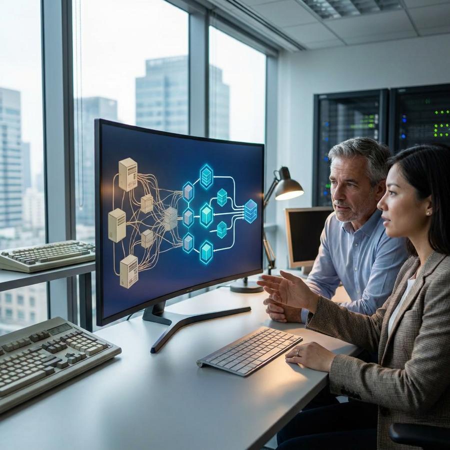 Two colleagues reviewing a tangled legacy system map being restructured into a clean, modern architecture