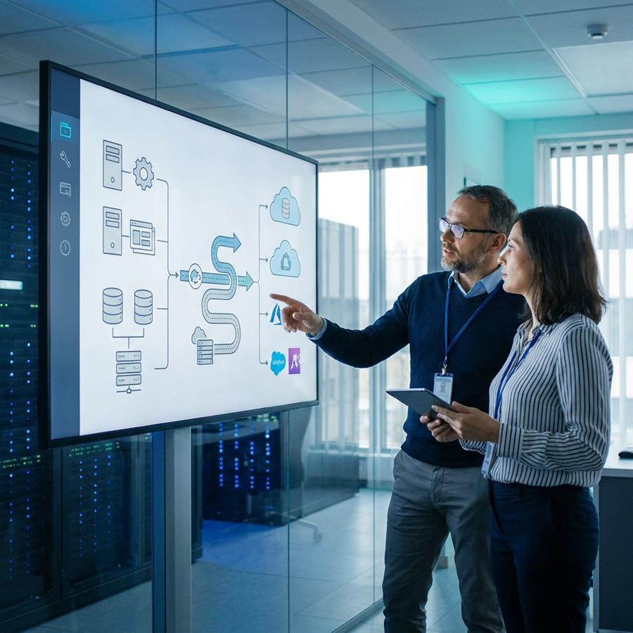 Two colleagues at a wall display walking through a migration diagram from servers and databases to the cloud