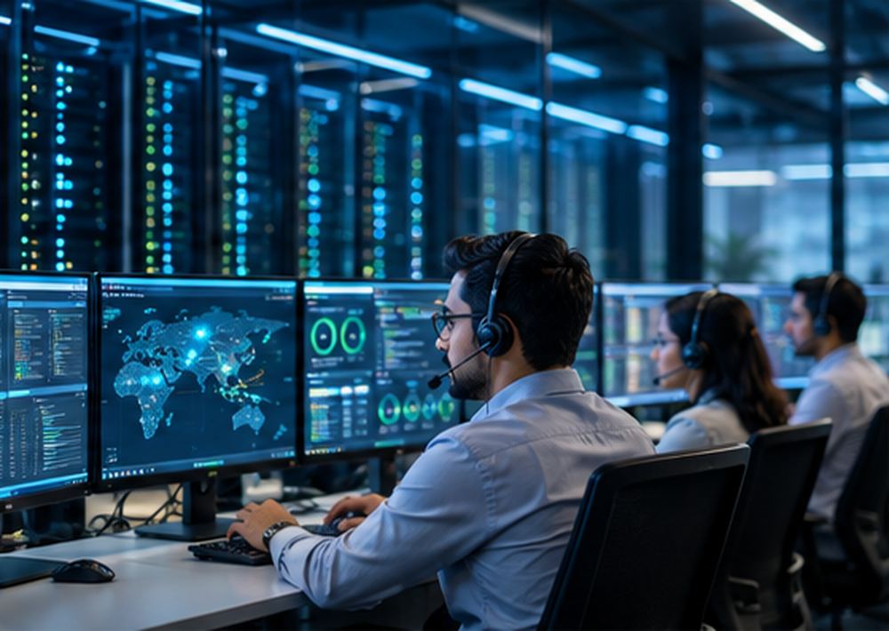 Softenger support engineer with headset monitoring servers and a live global dashboard