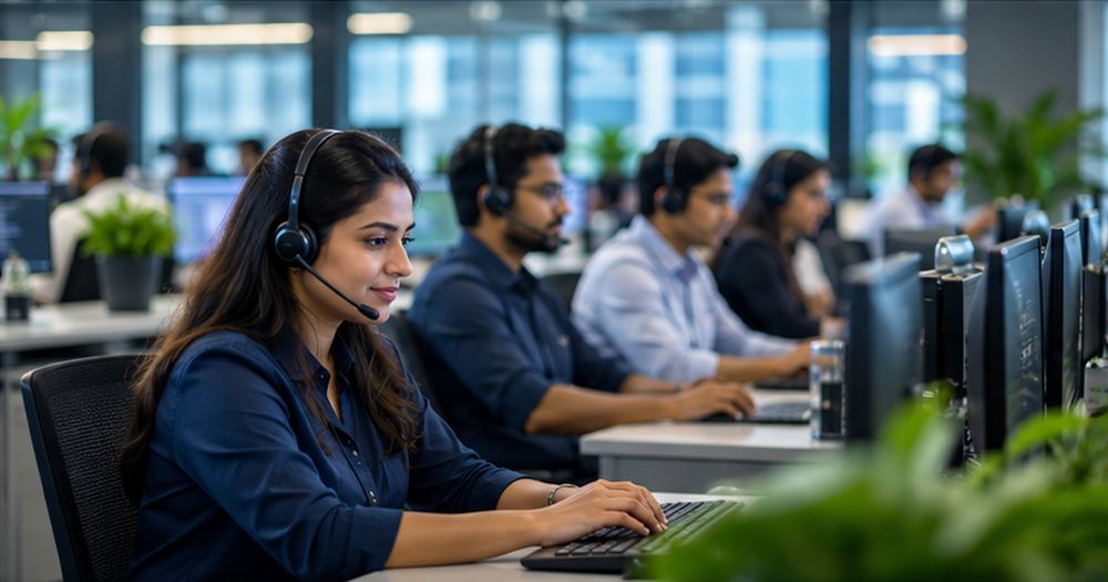 Row of Softenger support engineers with headsets at their workstations in an offshore delivery centre