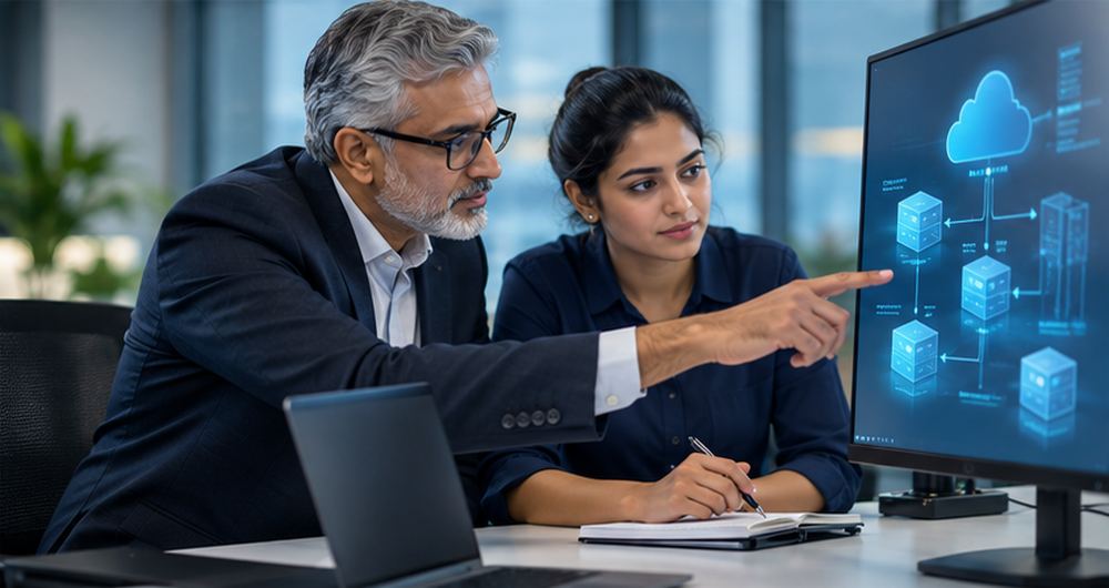 Senior Softenger consultant and engineer reviewing a cloud architecture diagram for modernization