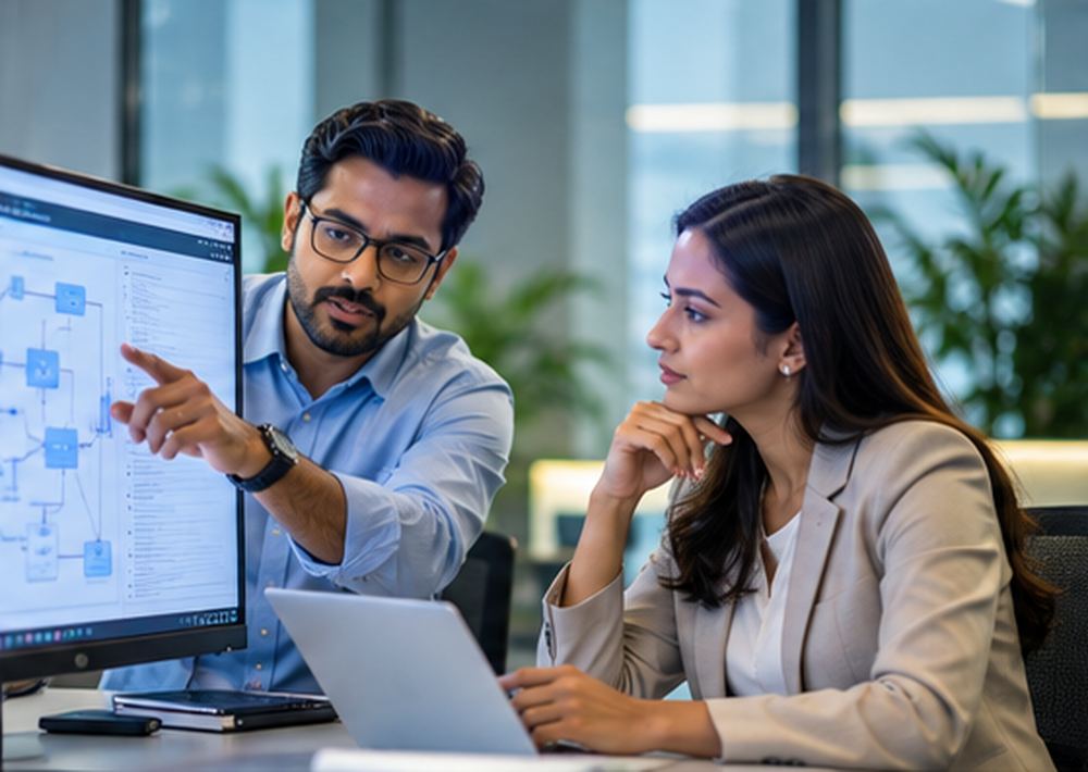 Softenger developer pointing at a documented application workflow diagram while a colleague reviews it