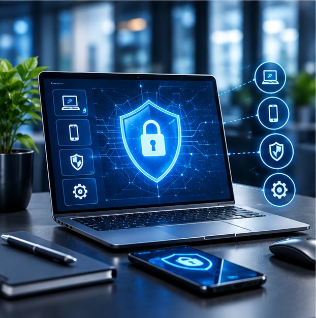 Laptop and phone showing a shield-and-lock endpoint protection interface