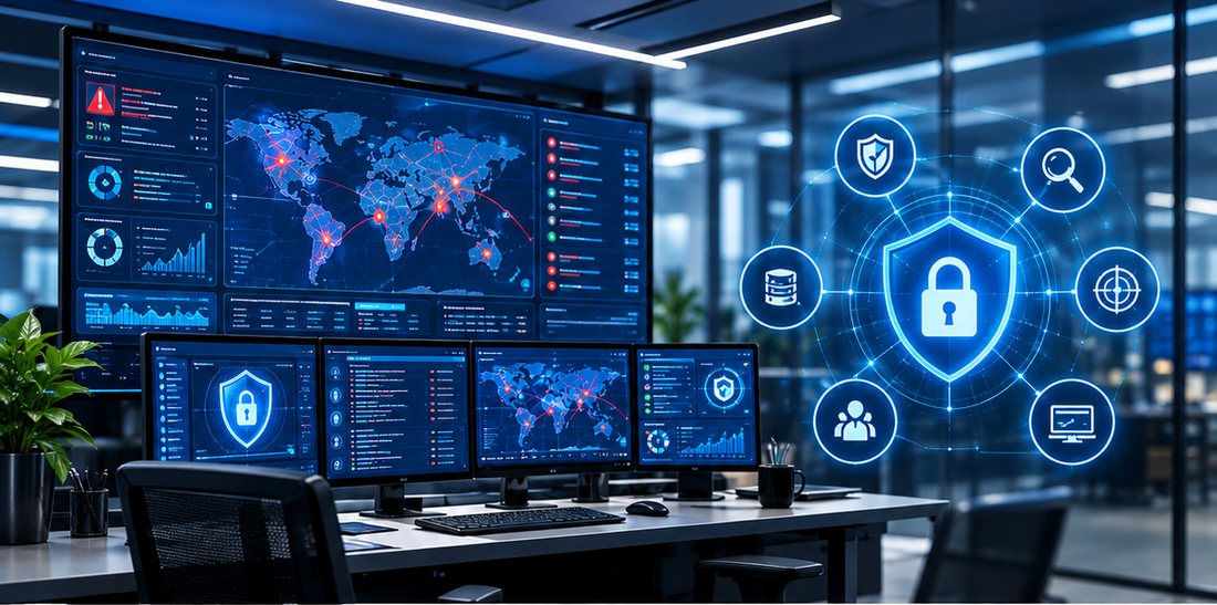 Security operations centre with threat-map dashboards and a shield-and-lock graphic
