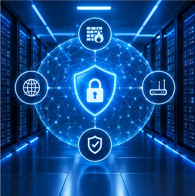 Data-centre corridor with a protected network sphere showing firewall, gateway and router icons