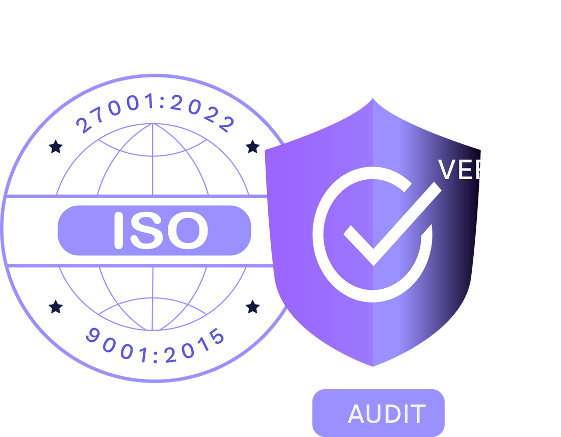 ISO 27001:2022 and ISO 9001:2015 certification seal beside a verified shield marked audit